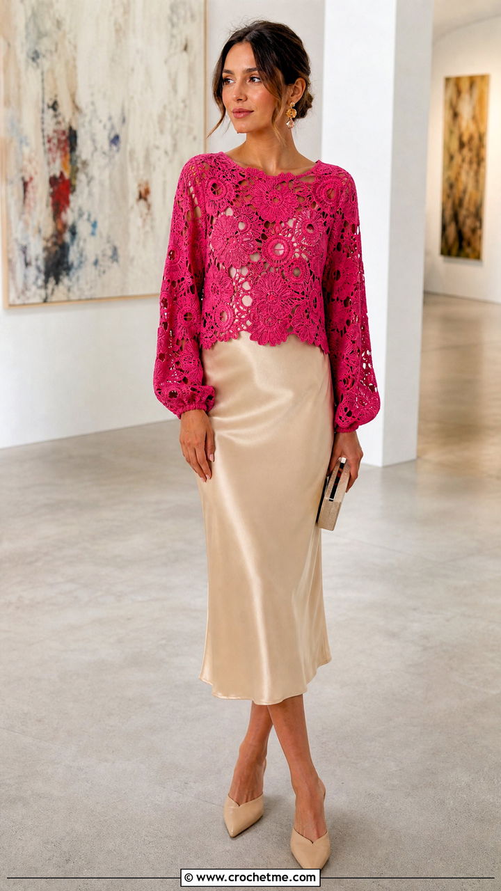 Floral Motif Bishop Sleeve Crochet Top With Slip Skirt - 35 crochet top with sleeves outfit ideas