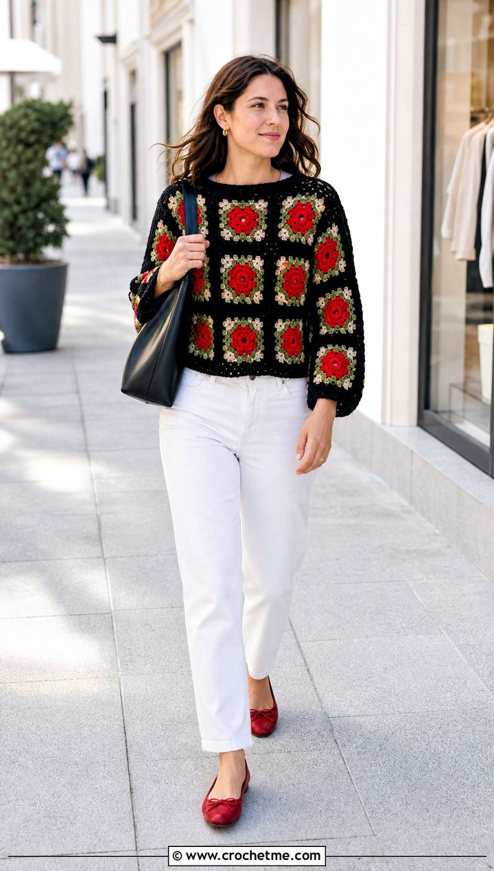 Floral Motif Black Granny Square Sweater With White Jeans - 25 black granny square sweater outfit ideas