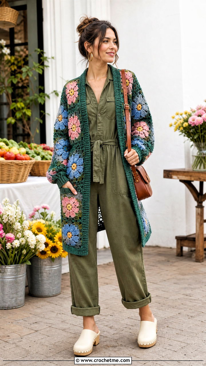 Floral Motif Boho Crochet Cardigan With Utility Jumpsuit - 35 Boho Crochet Cardigan outfit ideas