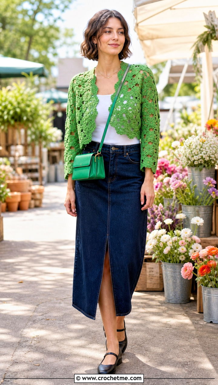 Floral Motif Bolero With Denim Midi Skirt - 35 crocheted bolero outfit ideas