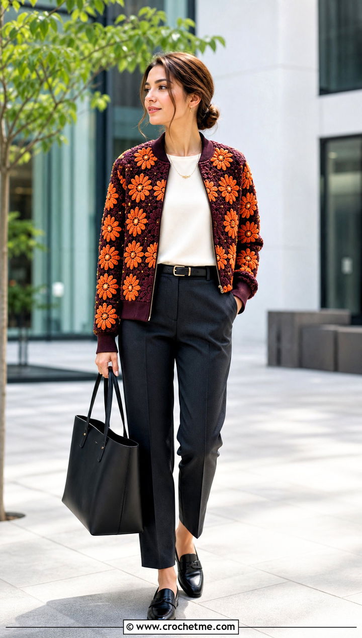 Floral Motif Bomber Jacket With Tailored Trousers - 15 Colorful Crochet Jacket Design outfit ideas