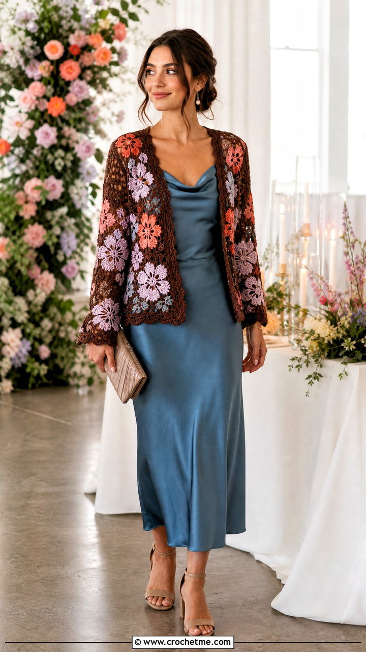Floral Motif Brown Crochet Cardigan With Slip Dress - 35 Brown Crochet Cardigan outfit ideas