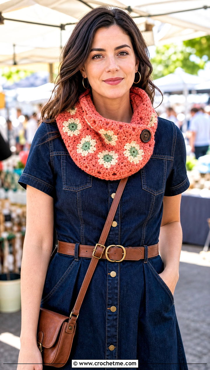 Floral Motif Button Cowl With Denim Dress - 25 crochet button cowl outfit ideas