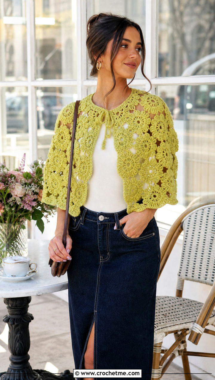 Floral Motif Capelet With Denim Midi Skirt - 25 Vintage Crochet Shawl outfit ideas