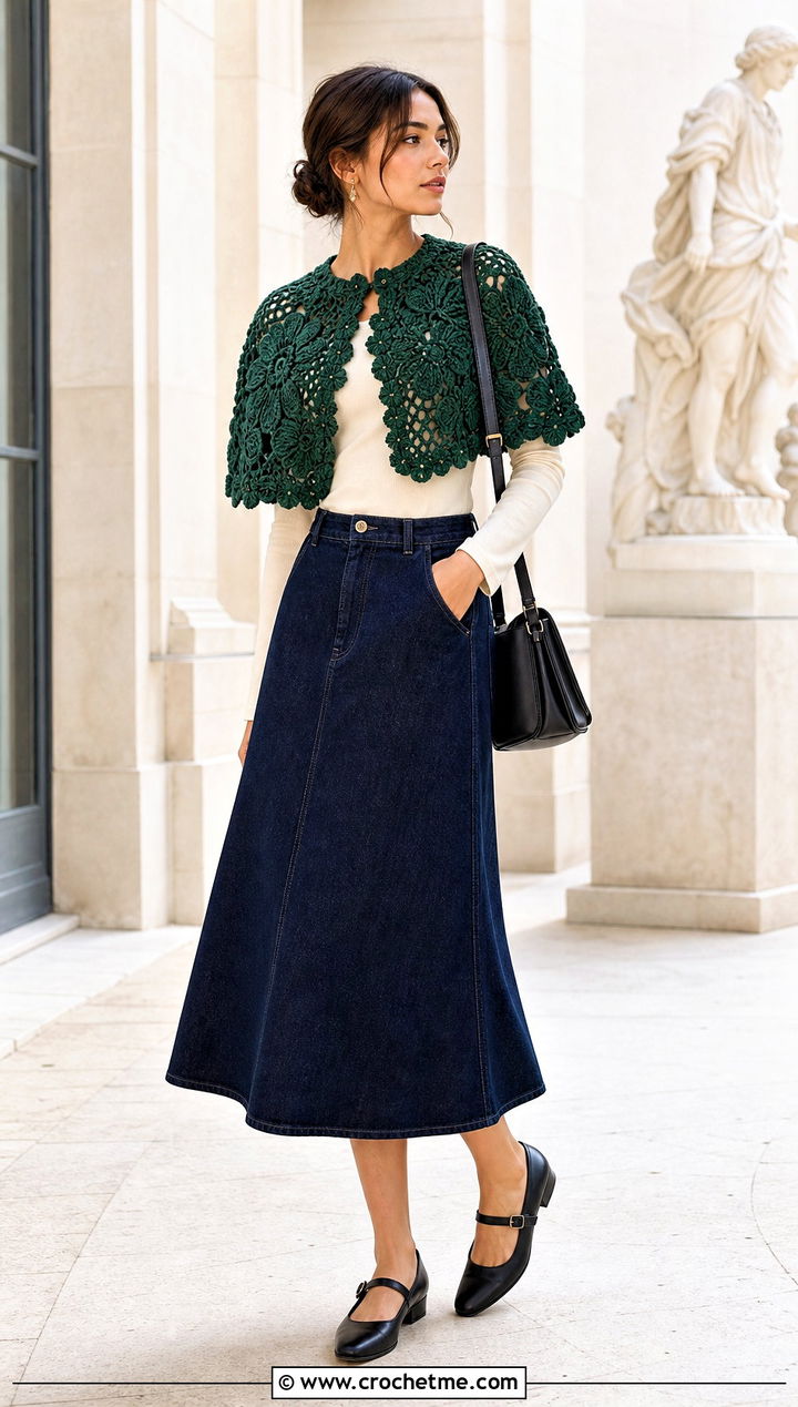 Floral Motif Capelet With Midi Skirt And Mary Janes - 25 Victorian Crochet Shawl outfit ideas