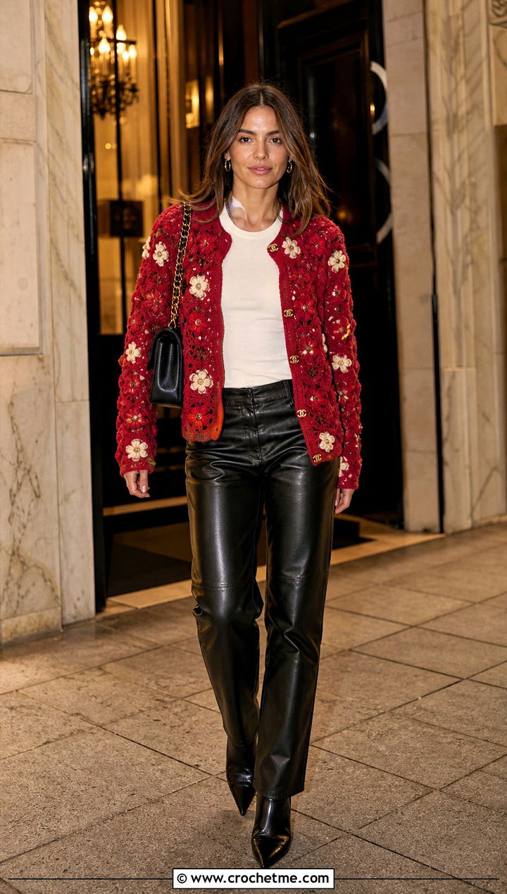 Floral Motif Chanel Crochet Cardigan With Leather Pants - 20 Chanel Crochet Cardigan outfit ideas