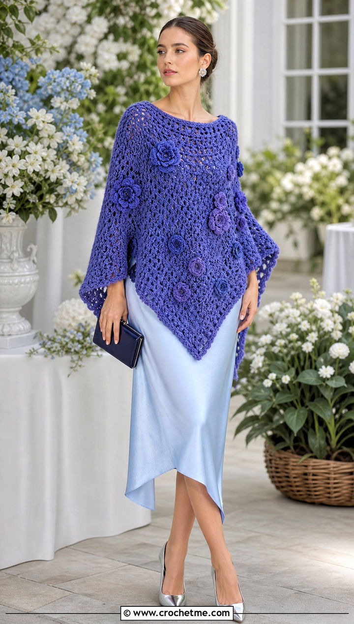 Floral Motif Chunky Crochet Poncho With Slip Dress - 25 Chunky Crochet Poncho outfit ideas