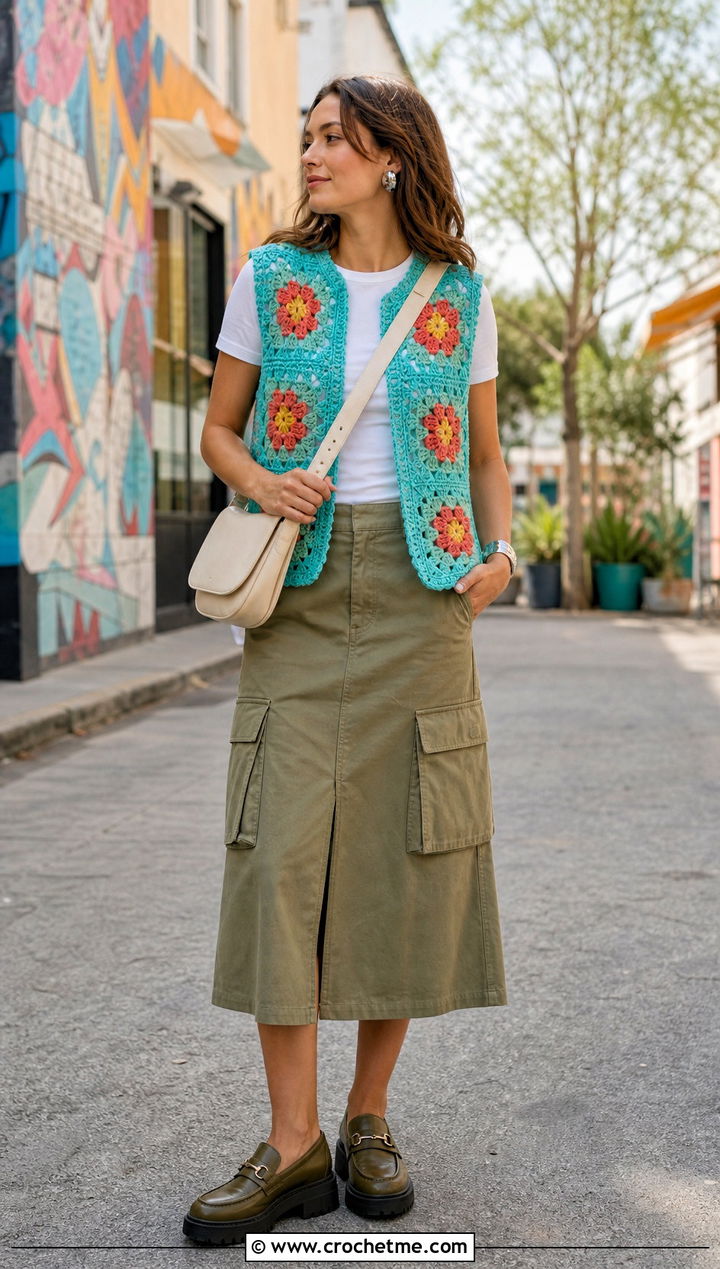 Floral Motif Chunky Crochet Vest With Cargo Midi Skirt - 30 crochet chunky vest outfit ideas