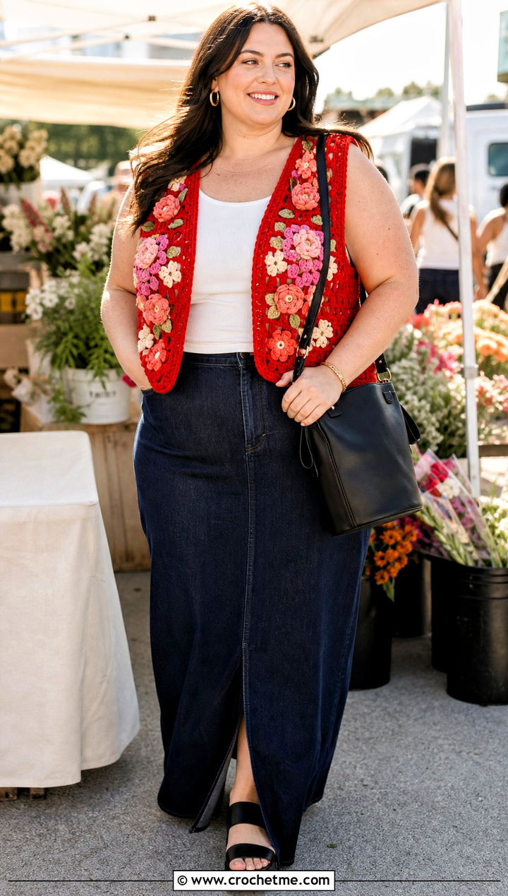 Floral Motif Chunky Crochet Vest With Denim Maxi Skirt - 25 Chunky Crochet Vest outfit ideas
