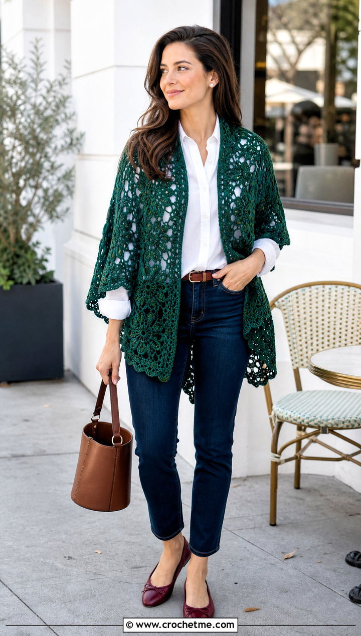 Floral Motif Circle Crochet Shawl With White Shirt And Jeans - 20 Circle Crochet Shawl outfit ideas