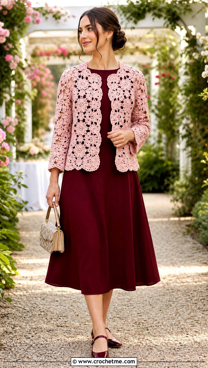 Floral Motif Circular Jacket With A Line Dress - 15 Crochet Circular Jacket outfit ideas