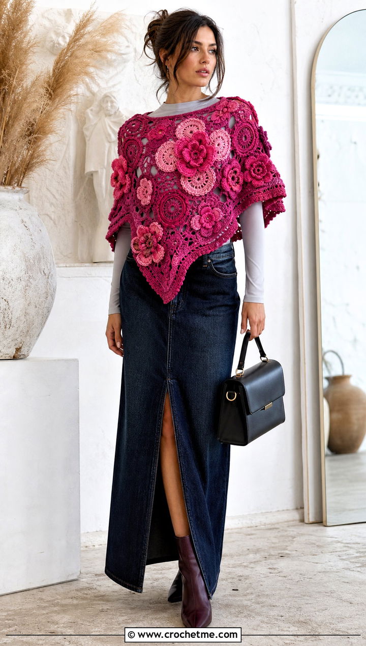 Floral Motif Circular Poncho With Denim Maxi Skirt - 25 Crochet Circular Poncho outfit ideas