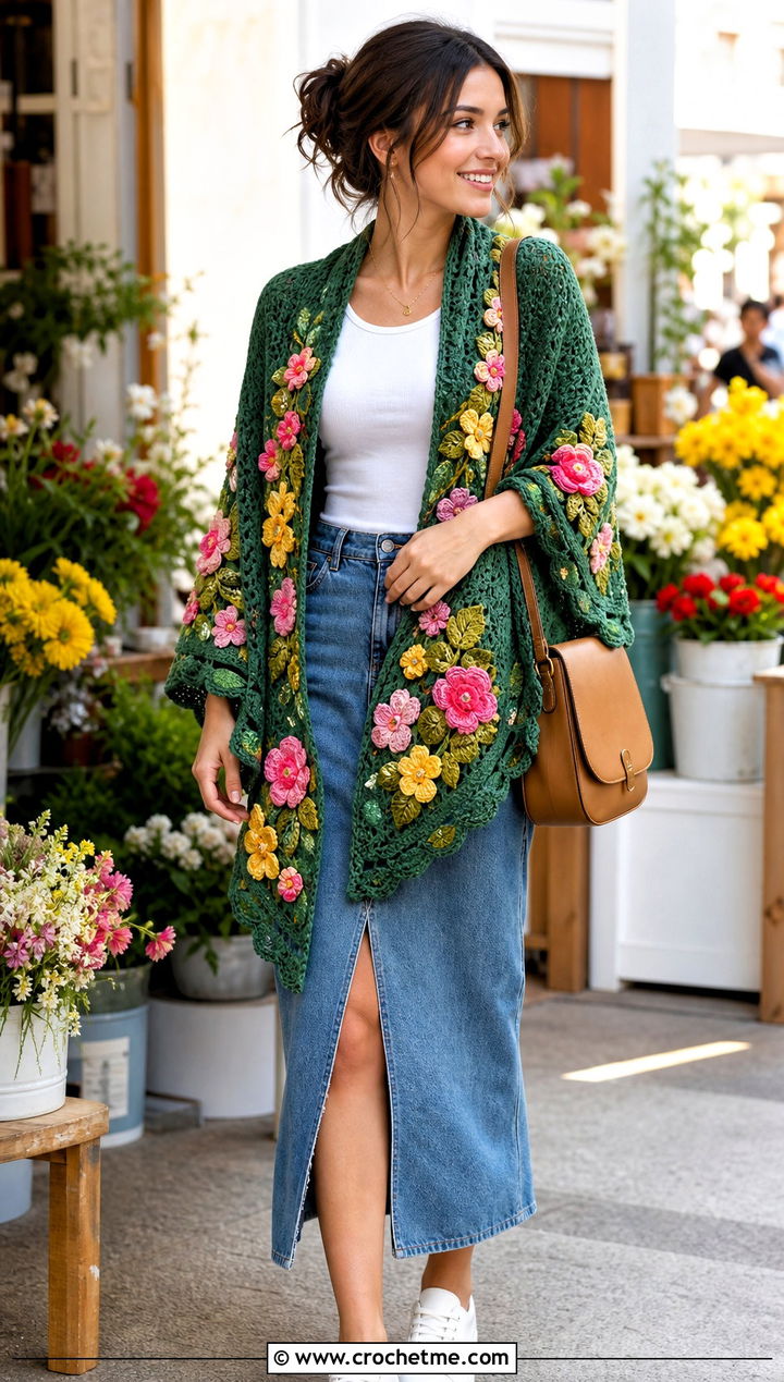 Floral Motif Circular Shawl With a Denim Midi Skirt - 30 crochet circular shawl outfit ideas