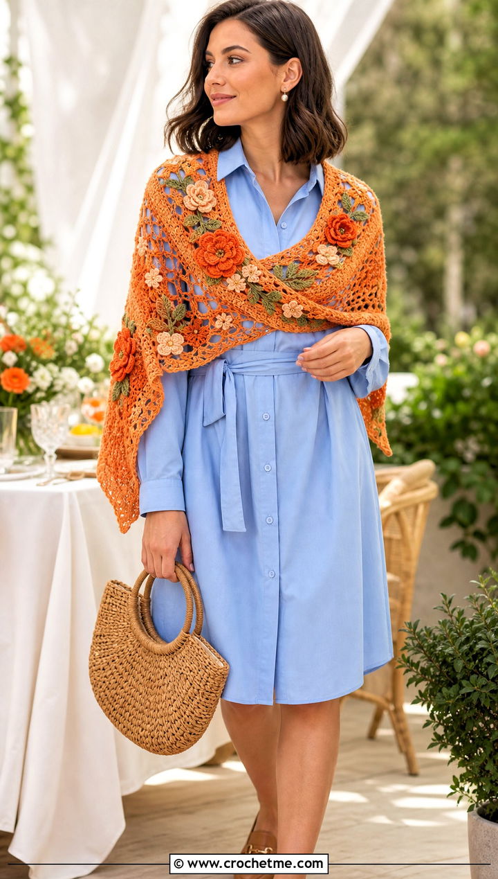 Floral Motif Crescent Crochet Shawl With Shirt Dress - 25 Crescent Crochet Shawl outfit ideas