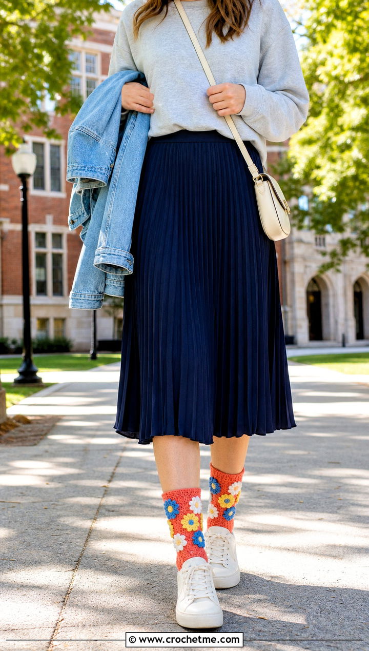 Floral Motif Crew Crochet Wool Socks With Pleated Skirt - 30 Crochet Wool Socks outfit ideas