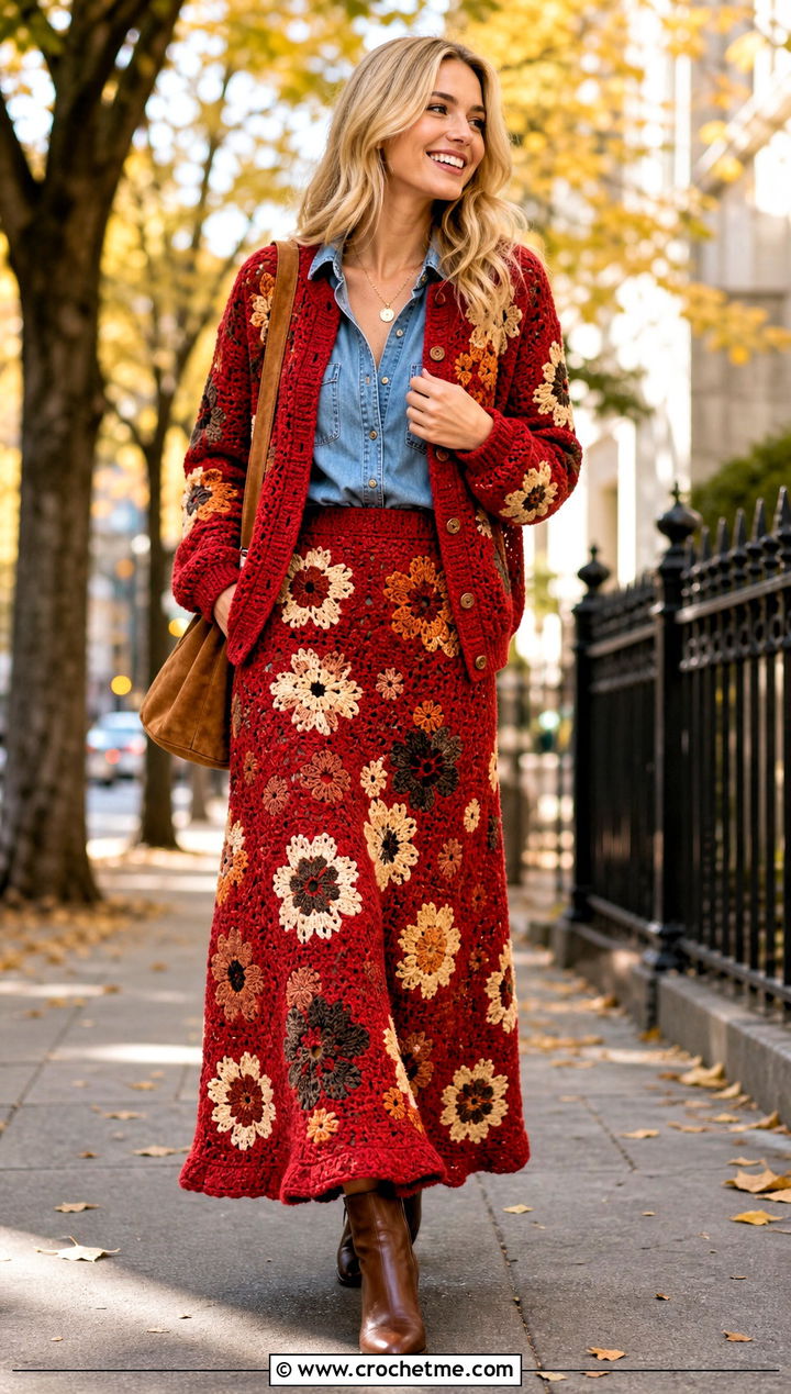 Floral Motif Crochet A Line Set With Denim Shirt And Ankle Boots - 25 Crochet Skirt And Cardigan Set outfit ideas