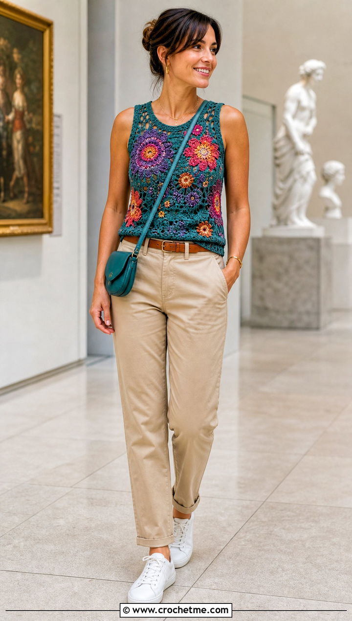 Floral Motif Crochet Army Tank With Chino Pants - 30 crochet army tank outfit ideas