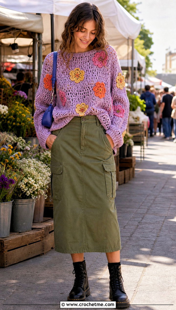 Floral Motif Crochet Baggy Sweater With Cargo Skirt - 30 crochet baggy sweater outfit ideas