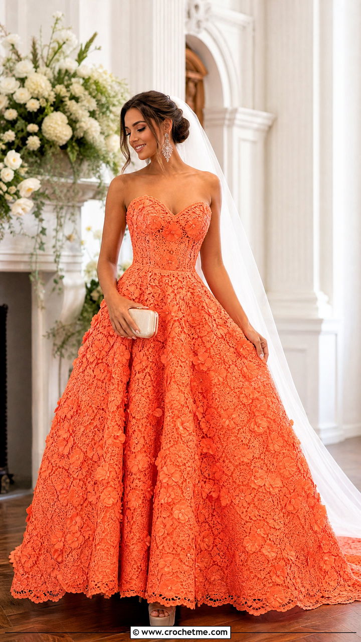 Floral Motif Crochet Ball Gown Wedding Dress - 35 crochet wedding dresses outfit ideas