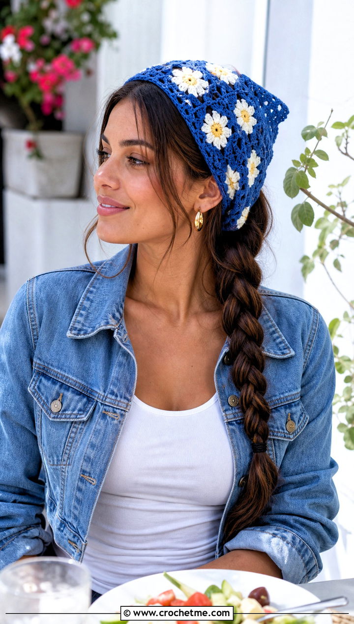 Floral Motif Crochet Bandana With Maxi Skirt - 25 crochet bandana hair scarf outfit ideas