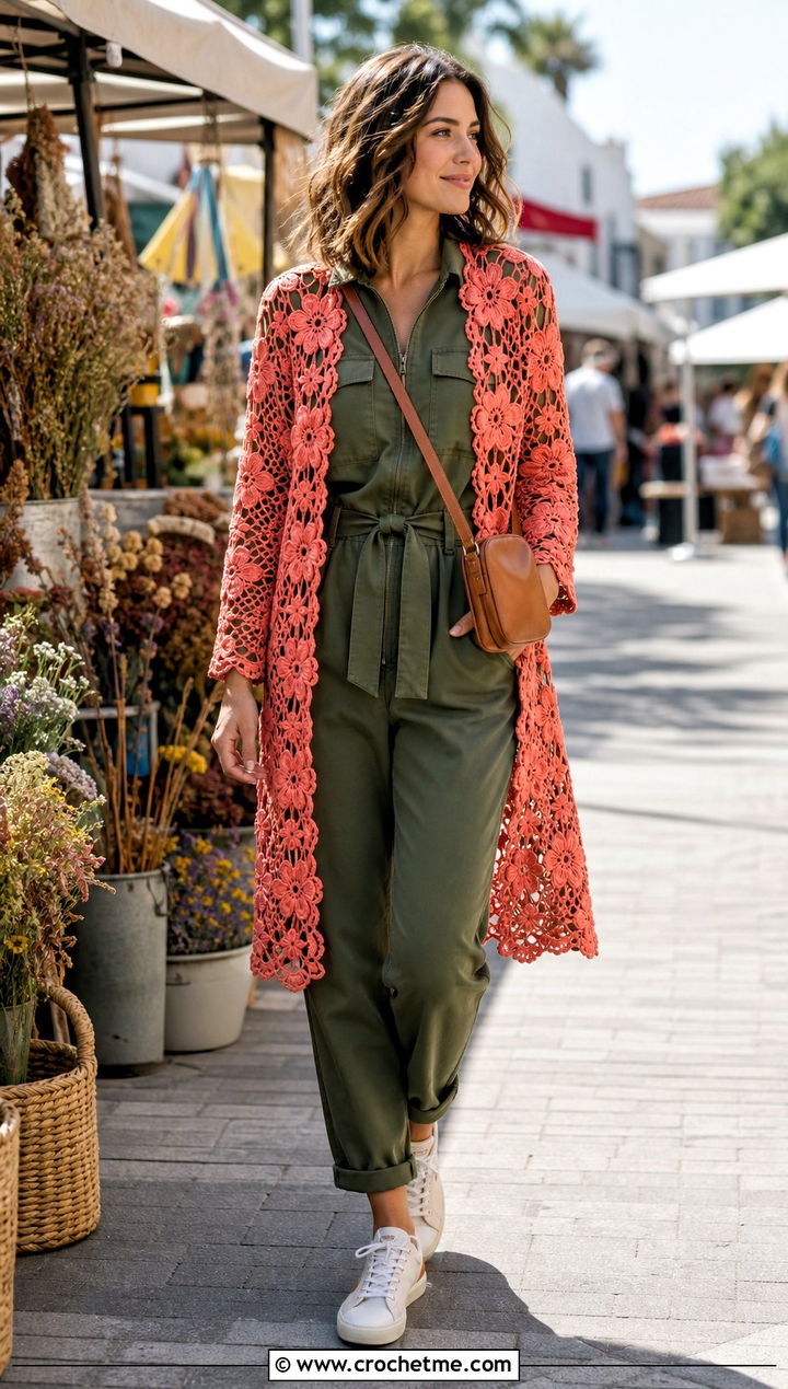 Floral Motif Crochet Bed Jacket With Utility Jumpsuit - 25 Crochet Bed Jackets outfit ideas