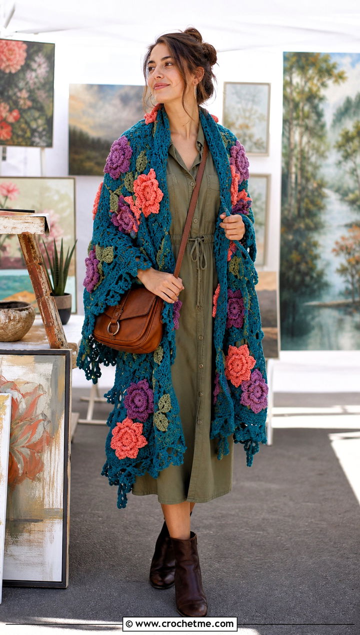 Floral Motif Crochet Blanket Shawl With Utility Dress - 30 crochet blanket shawl outfit ideas