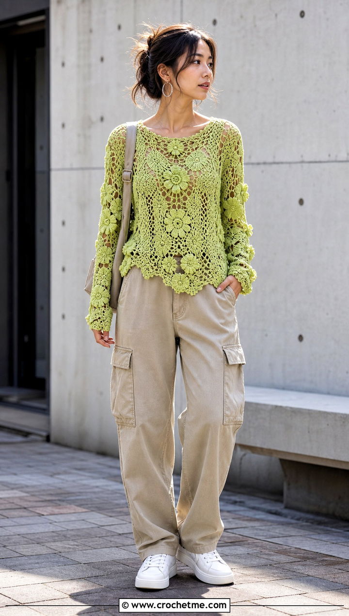 Floral Motif Crochet Blouse With Cargo Pants - 15 Long Sleeve Crochet Blouse outfit ideas