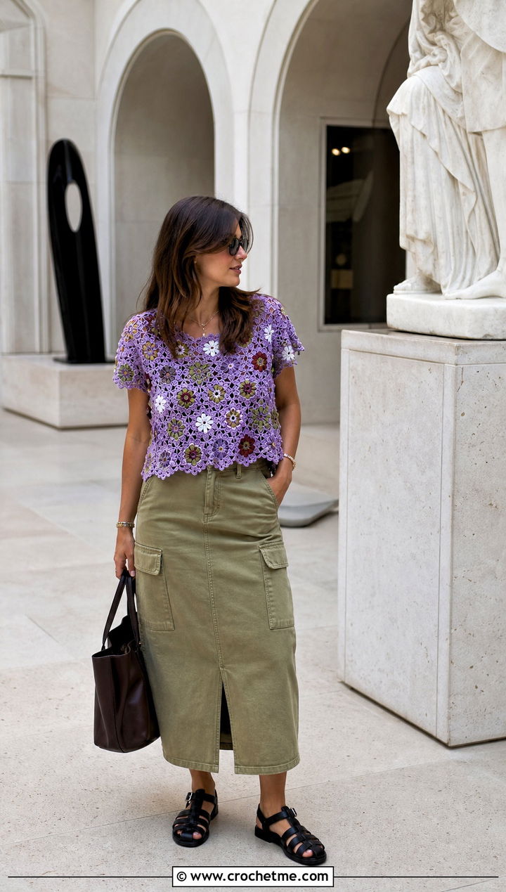 Floral Motif Crochet Blouse With Utility Skirt - 25 lightweight crochet top outfit ideas
