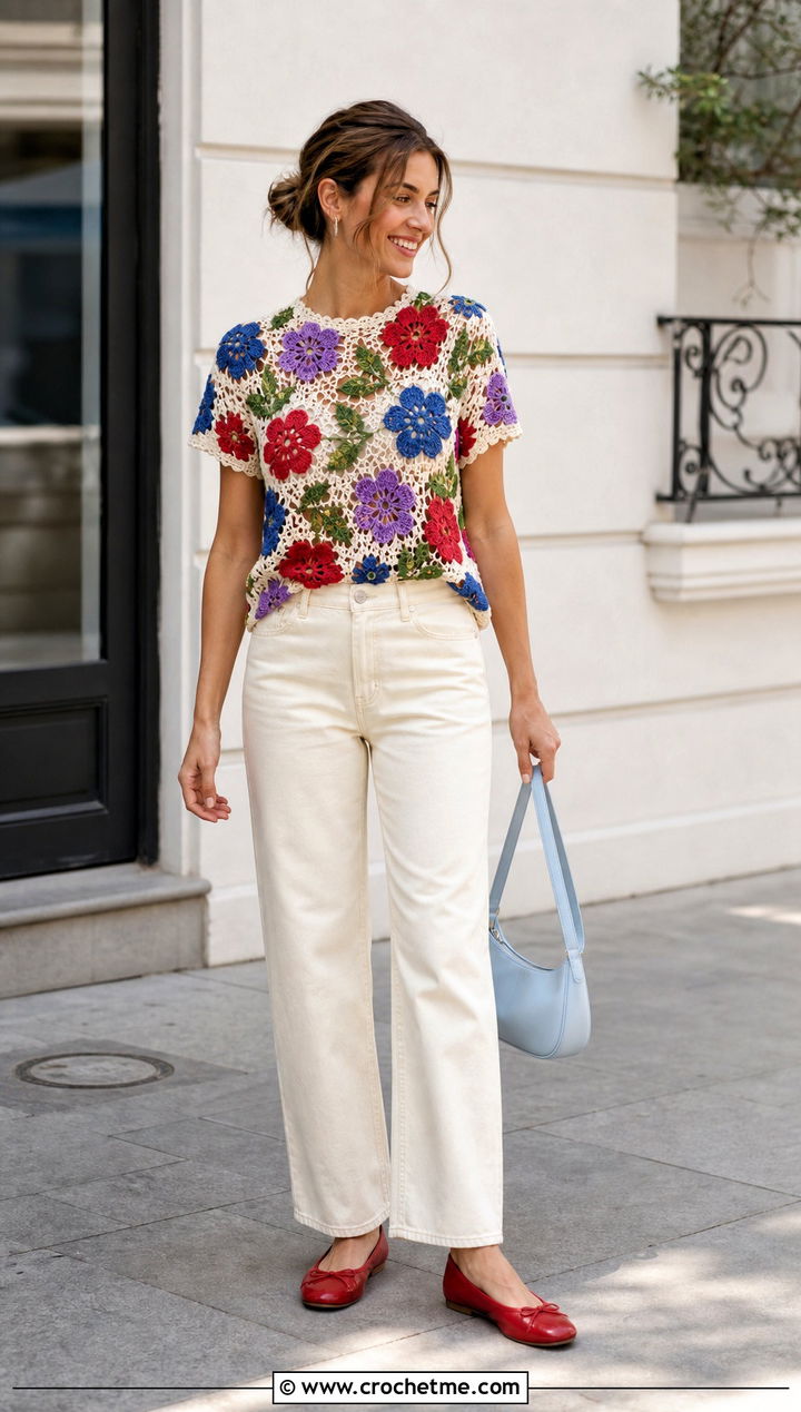 Floral Motif Crochet Blouse With White Jeans - 15 quick crochet blouse outfit ideas