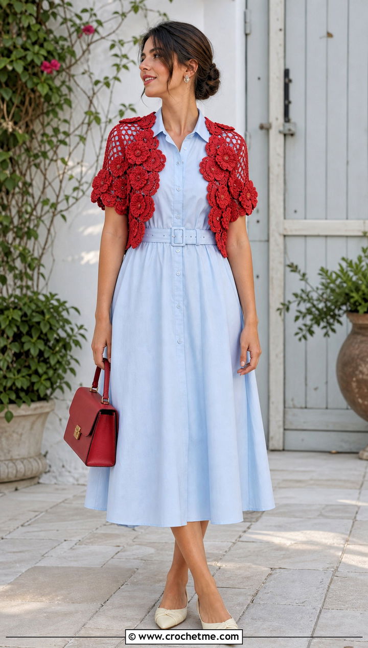 Floral Motif Crochet Bolero Shrug With Shirt Dress - 30 crochet sweater shrug outfit ideas