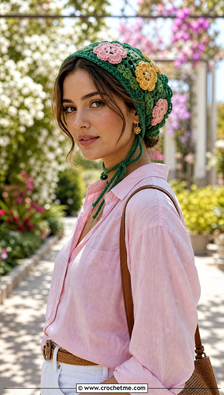 Floral Motif Crochet Bonnet With White Jeans - 25 Easy Crochet Bonnet outfit ideas