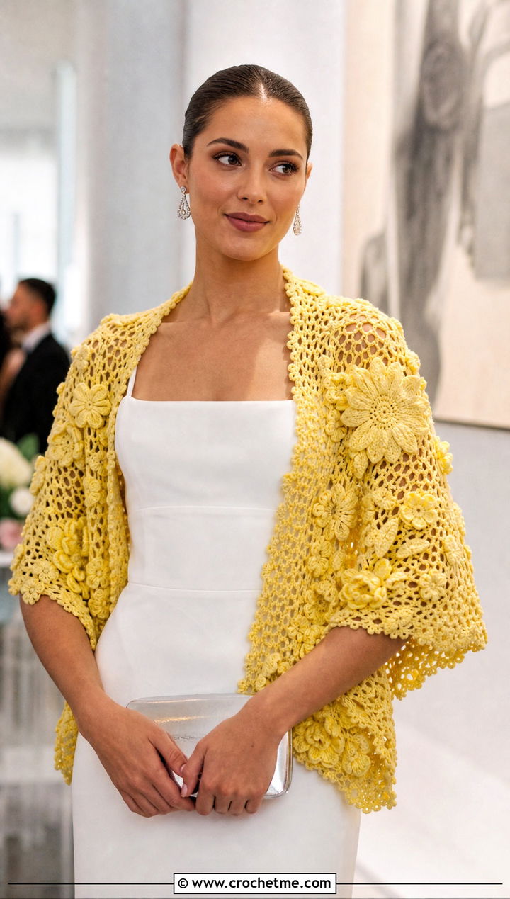 Floral Motif Crochet Bridal Shawl With Crepe Column Dress - 25 Crochet Bridal Shawl outfit ideas