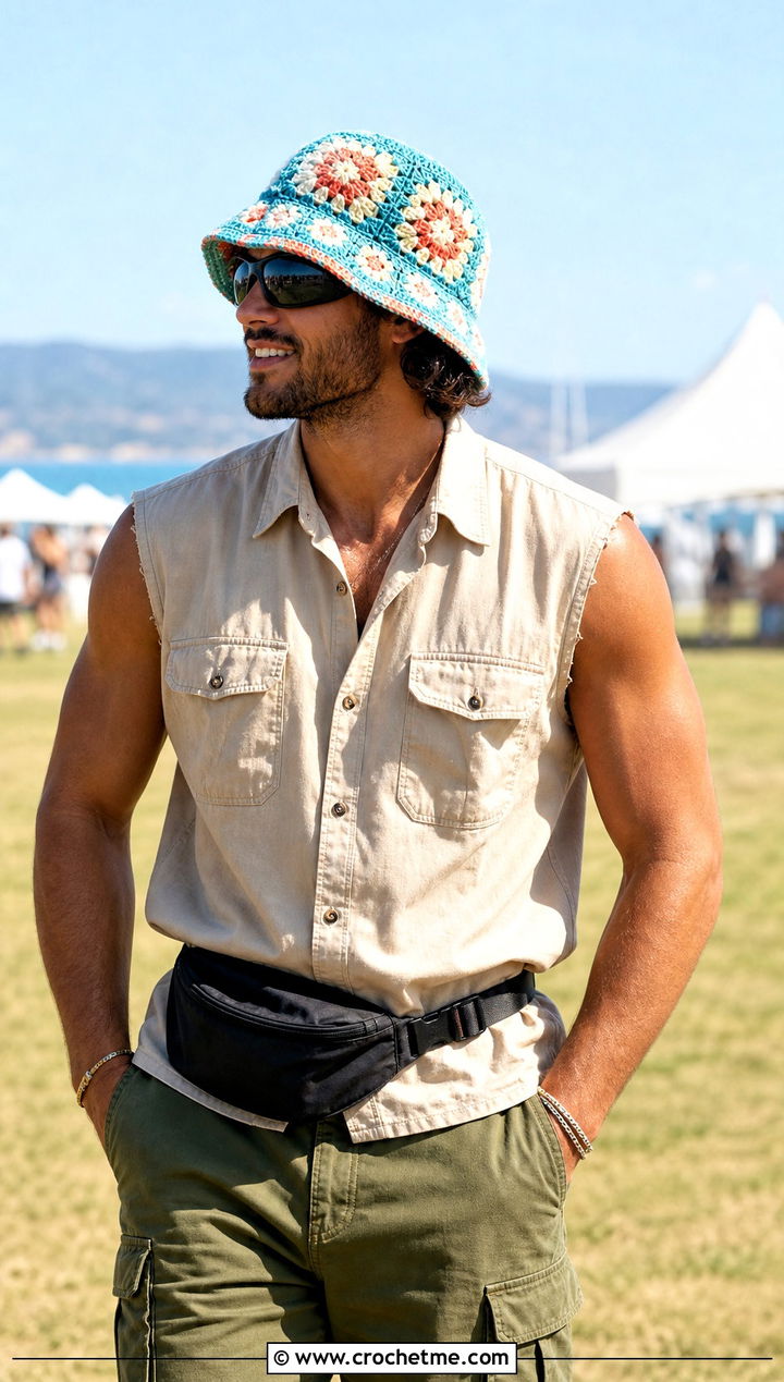 Floral Motif Crochet Bucket Hat With Festival Utility Outfit - 15 Crochet Mens Bucket Hat outfit ideas
