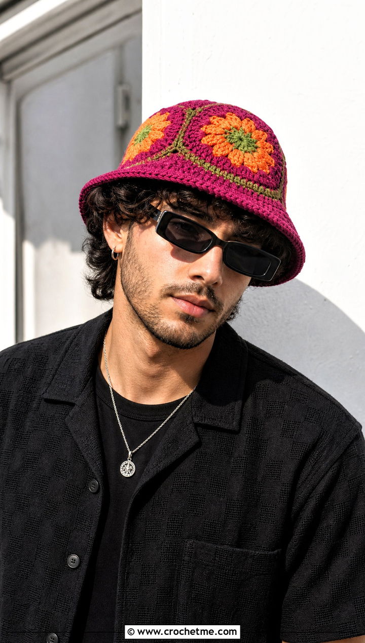 Floral Motif Crochet Bucket Hat With Overshirt And Wide Leg Pants - 15 men's crochet bucket hat outfit ideas