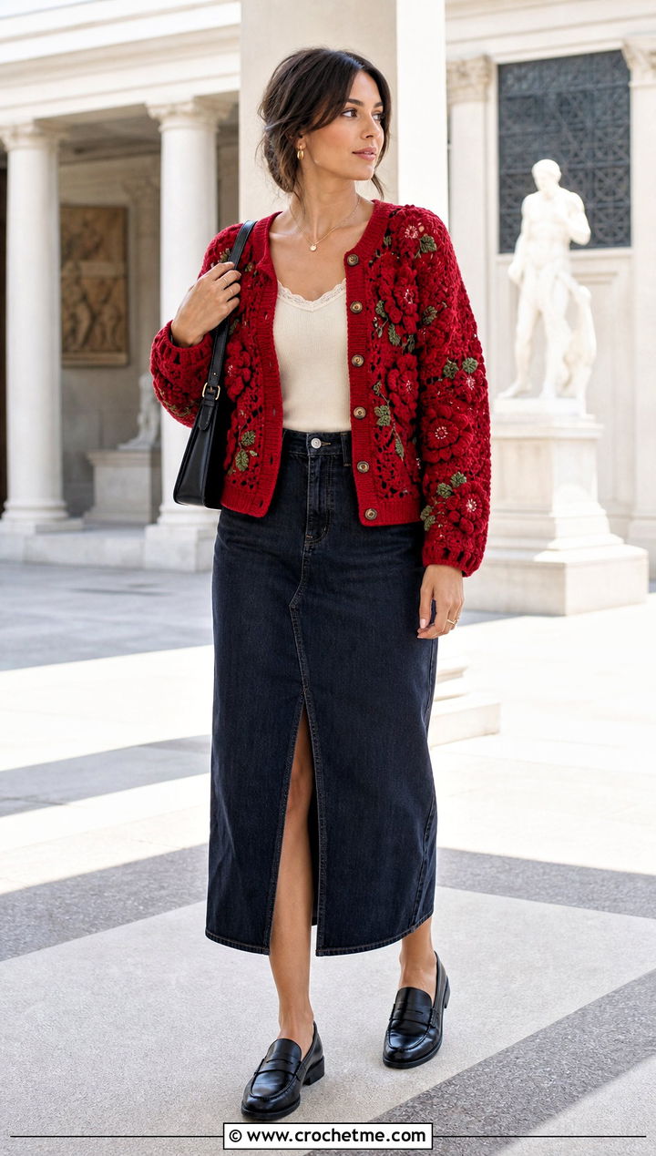Floral Motif Crochet Button Down Cardigan With Denim Midi Skirt - 25 crochet button down cardigan outfit ideas