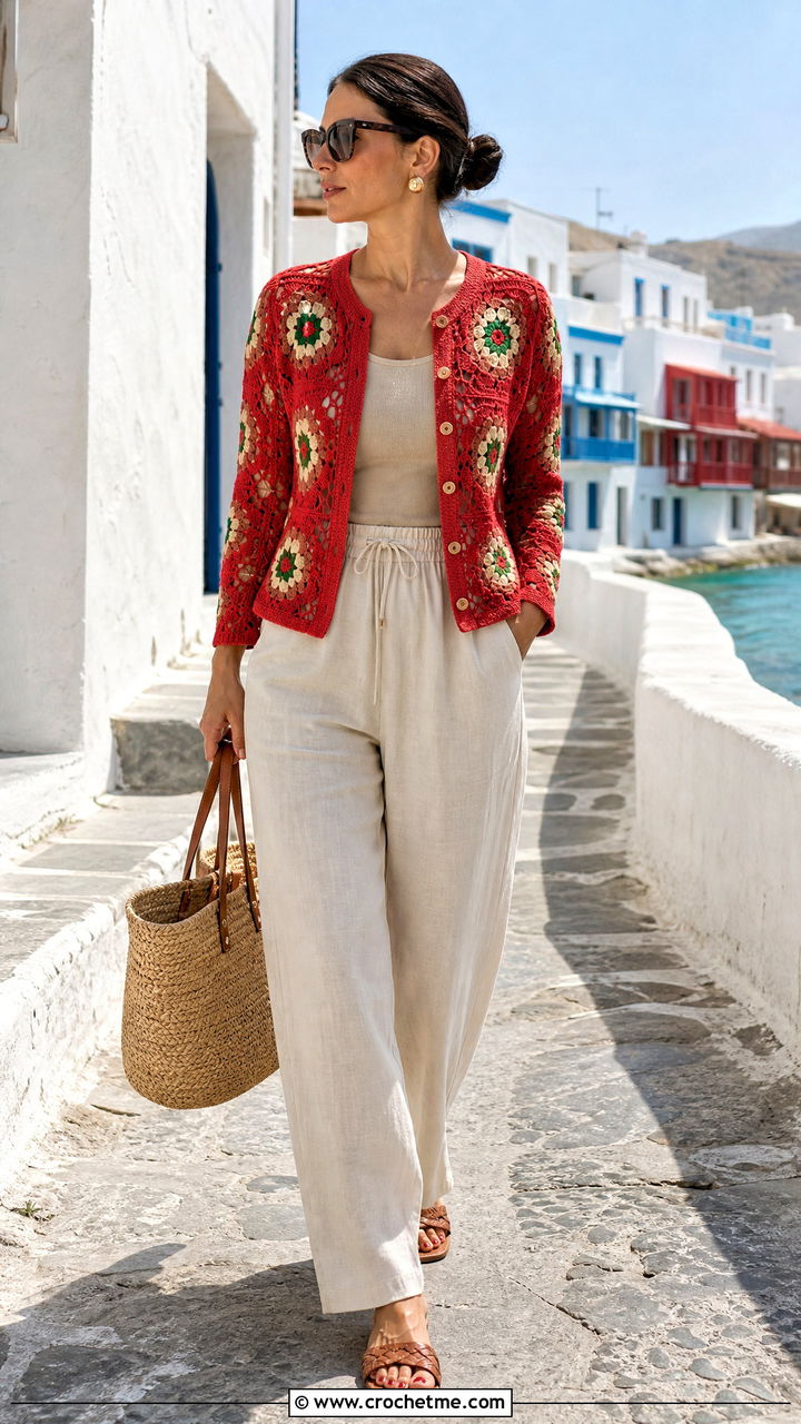 Floral Motif Crochet Button Up Shirt With Linen Trousers - 35 crochet button up shirt outfit ideas