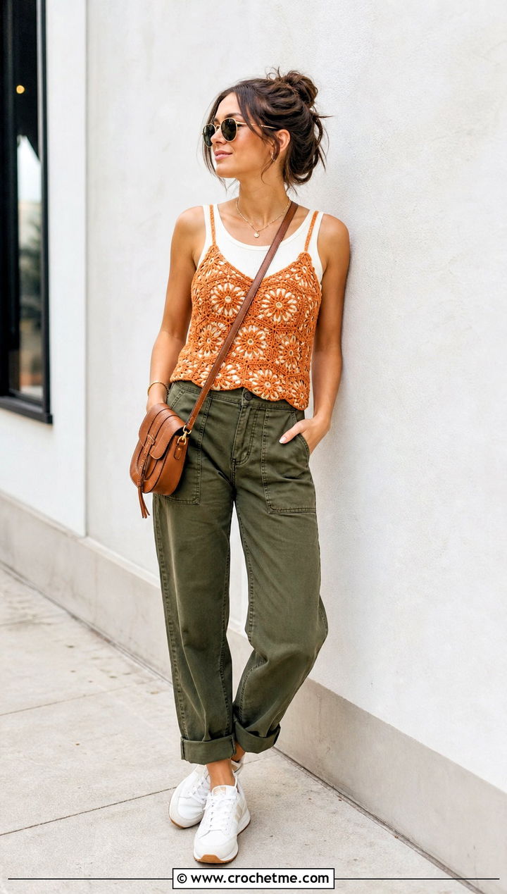 Floral Motif Crochet Cami With Utility Pants - 15 crochet top with openwork outfit ideas