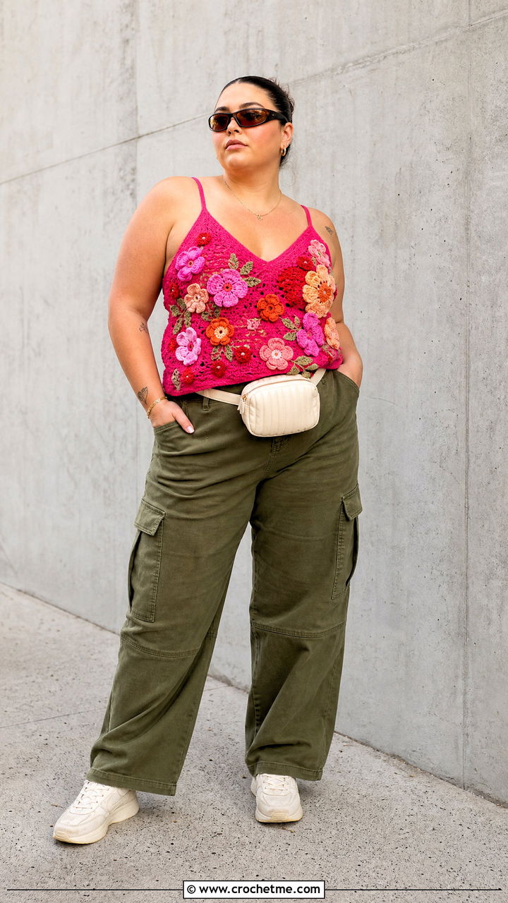 Floral Motif Crochet Camisole With Cargo Pants - 35 crochet camisole outfit ideas