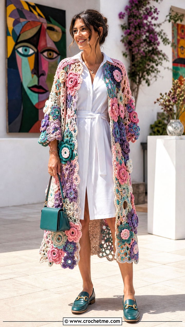 Floral Motif Crochet Cape Coat With White Shirt Dress - 15 Crochet Cape Coat outfit ideas