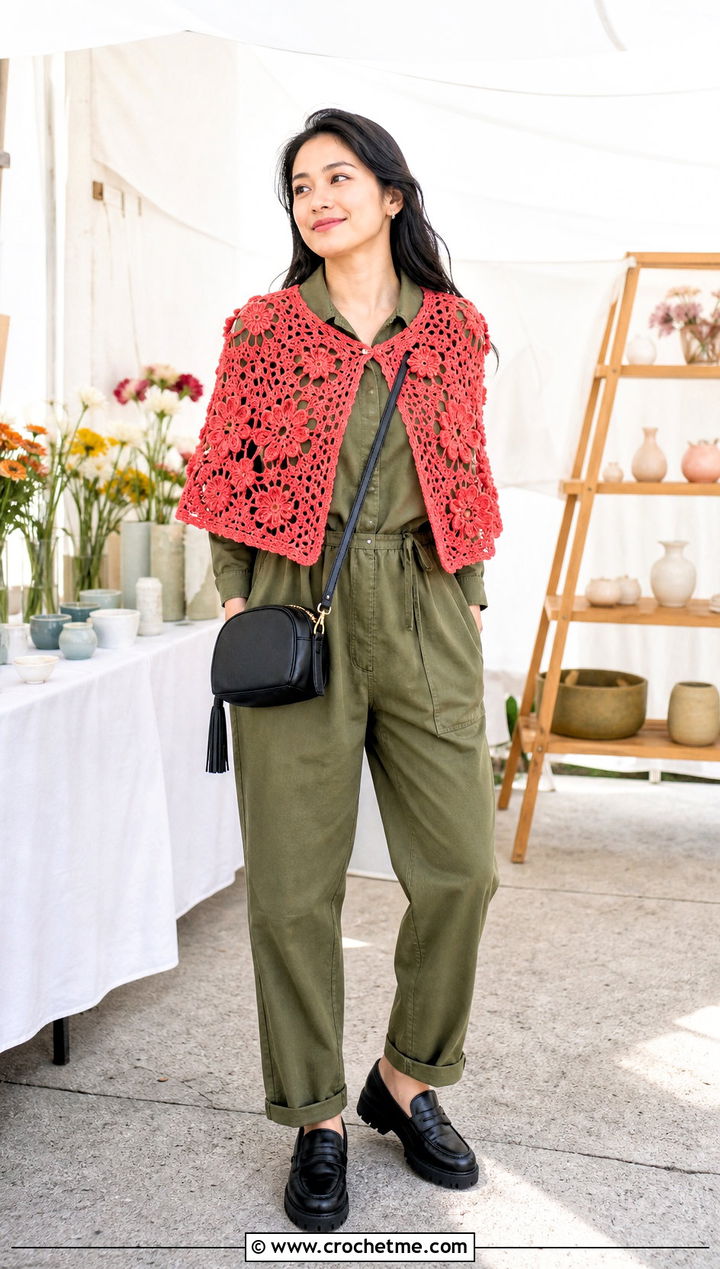 Floral Motif Crochet Capelet Shawl With Utility Jumpsuit - 30 crochet caplet shawl outfit ideas