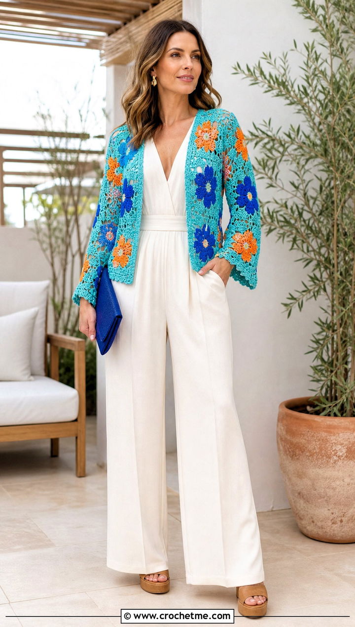 Floral Motif Crochet Cardigan Over A Jumpsuit - 15 Crochet For Ladies Sweaters outfit ideas