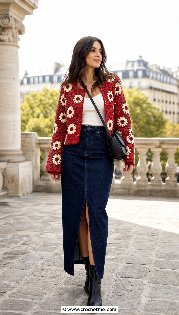 Floral Motif Crochet Cardigan With A Denim Maxi Skirt - 15 Crochet Womens Cardigan Sweater outfit ideas