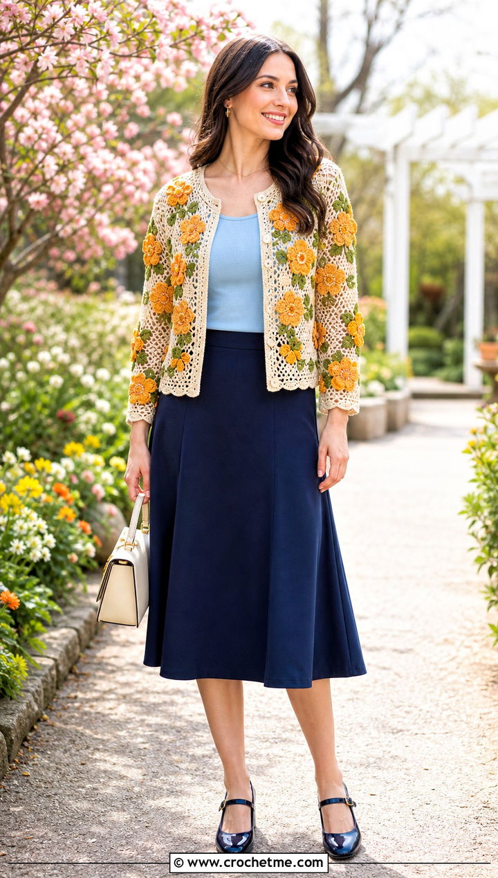 Floral Motif Crochet Cardigan With A Line Skirt - 30 crochet women's cardigan outfit ideas