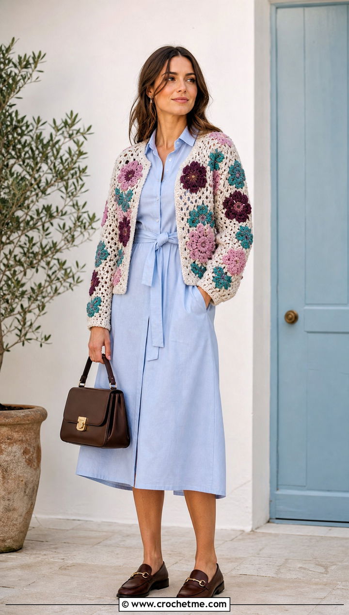 Floral Motif Crochet Cardigan With A Shirt Dress - 25 Crochet Colourful Cardigan outfit ideas
