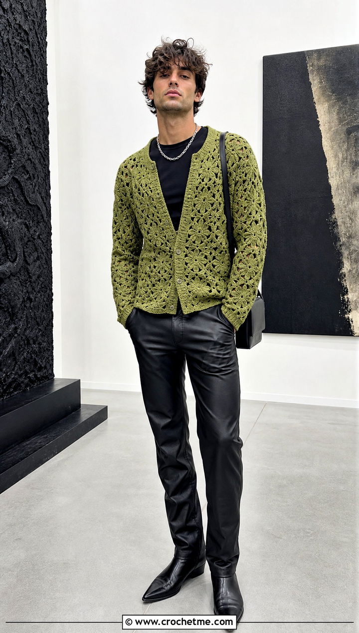 Floral Motif Crochet Cardigan With Black Tee and Leather Pants - 20 men's crochet cardigan outfit ideas