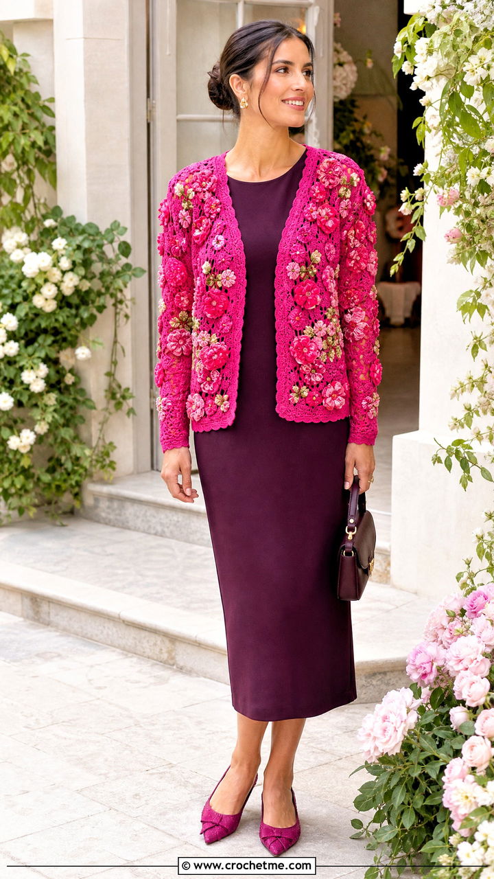Floral Motif Crochet Cardigan With Column Dress - 35 crocheted cardigan outfit ideas