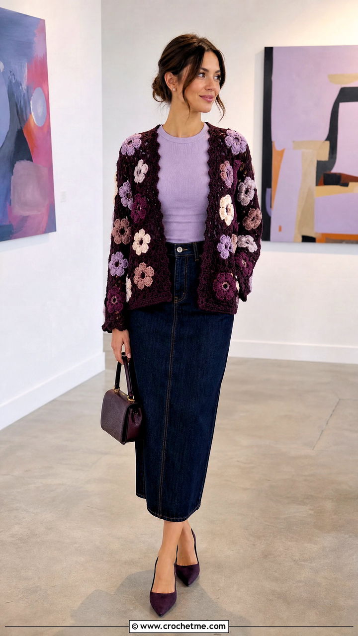 Floral Motif Crochet Cardigan With Column Skirt - 35 crochet cardigan women outfit ideas
