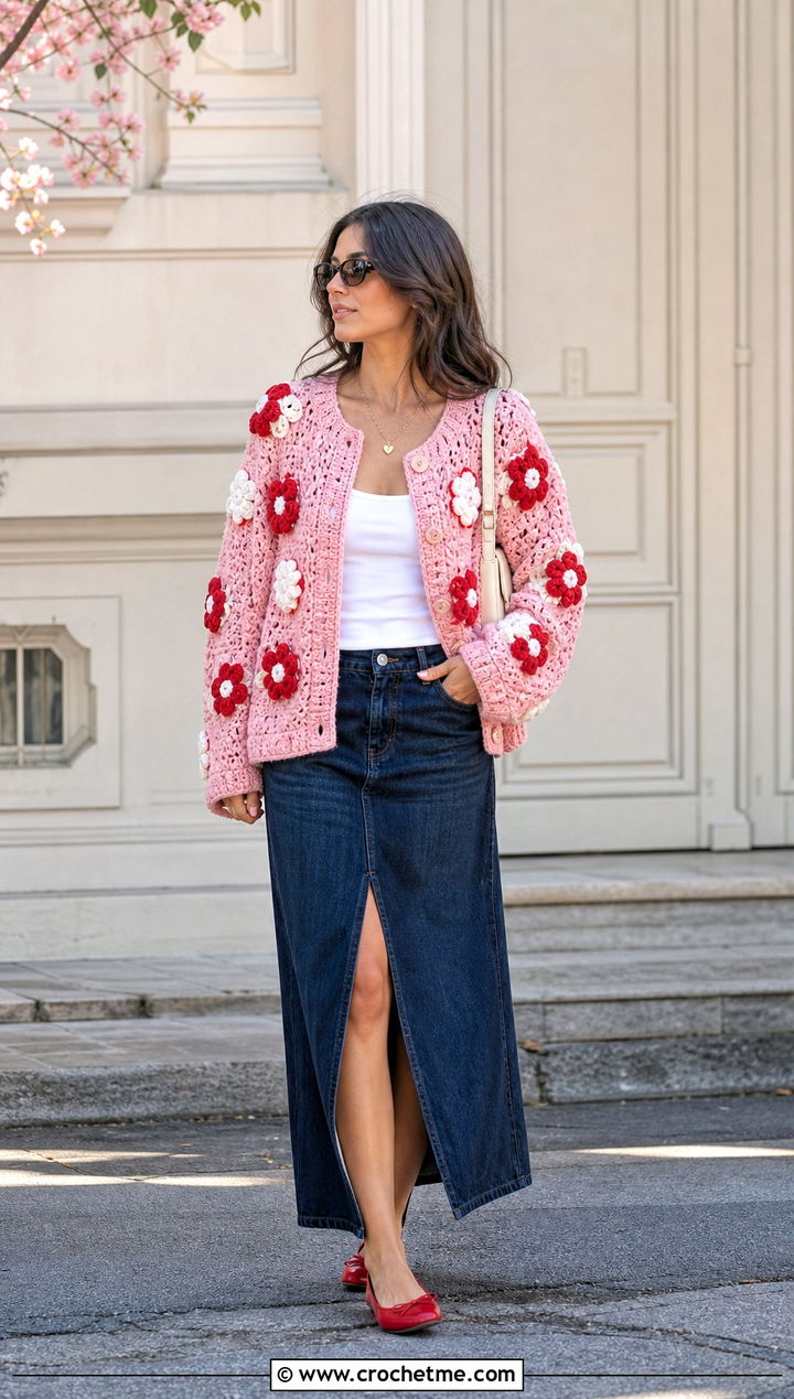 Floral Motif Crochet Cardigan With Denim Midi Skirt - 15 Easy Crochet Cardigan For Women outfit ideas