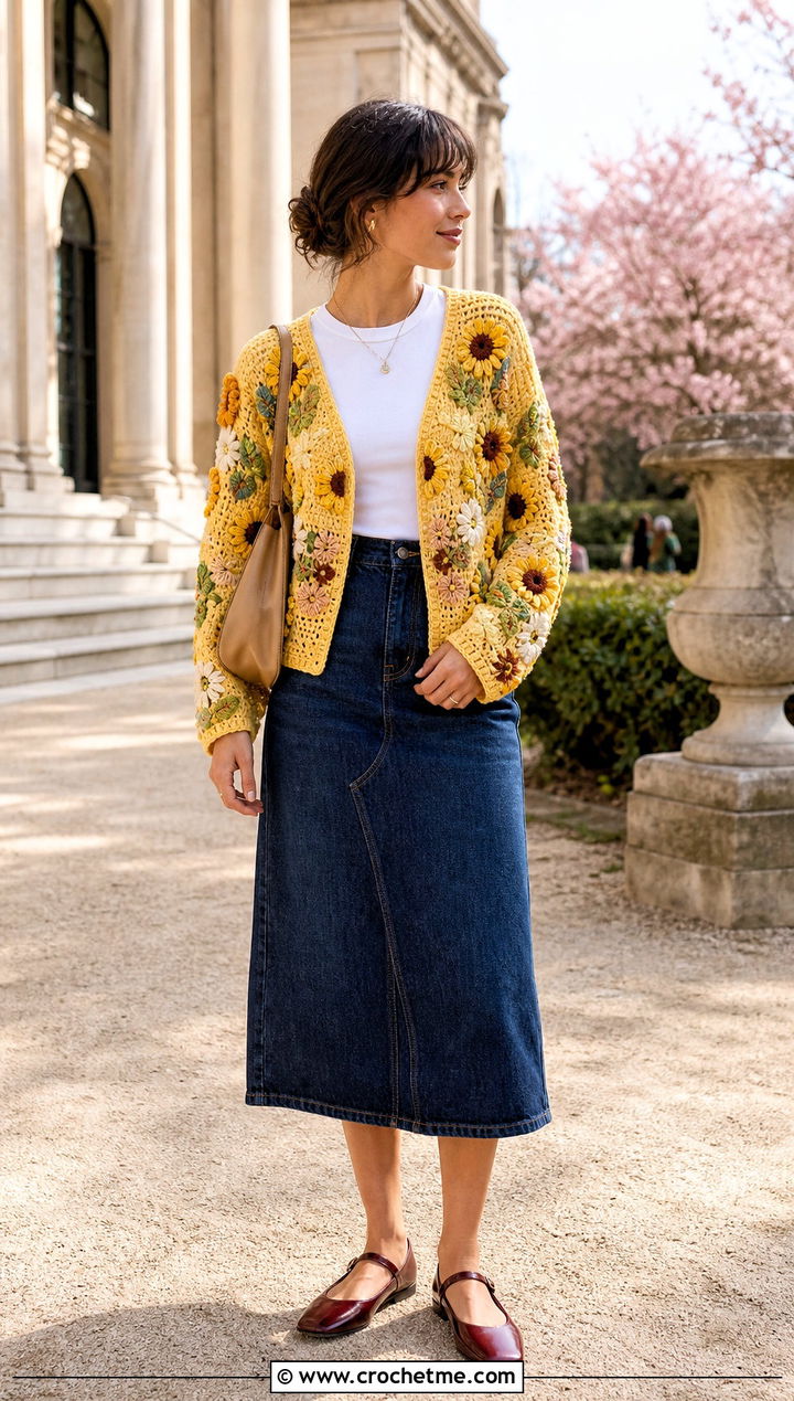 Floral Motif Crochet Cardigan With Denim Midi Skirt - 25 basic crochet cardigan outfit ideas