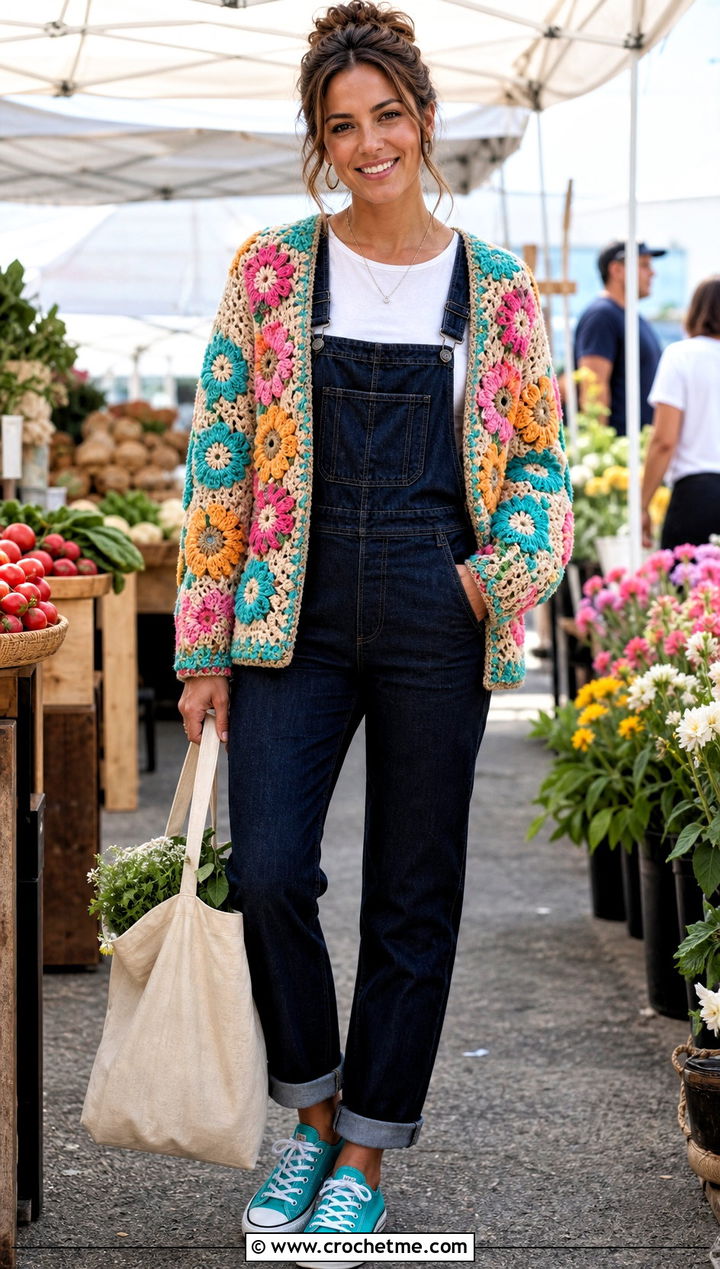 Floral Motif Crochet Cardigan With Denim Overalls - 30 3 weight yarn crochet cardigan outfit ideas